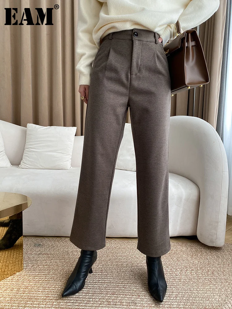 

[EAM] High Waist Beige Brief Long Thick Woolen Pants New Loose Fit Trousers Women Fashion Tide Autumn Winter 2023 1DF3171