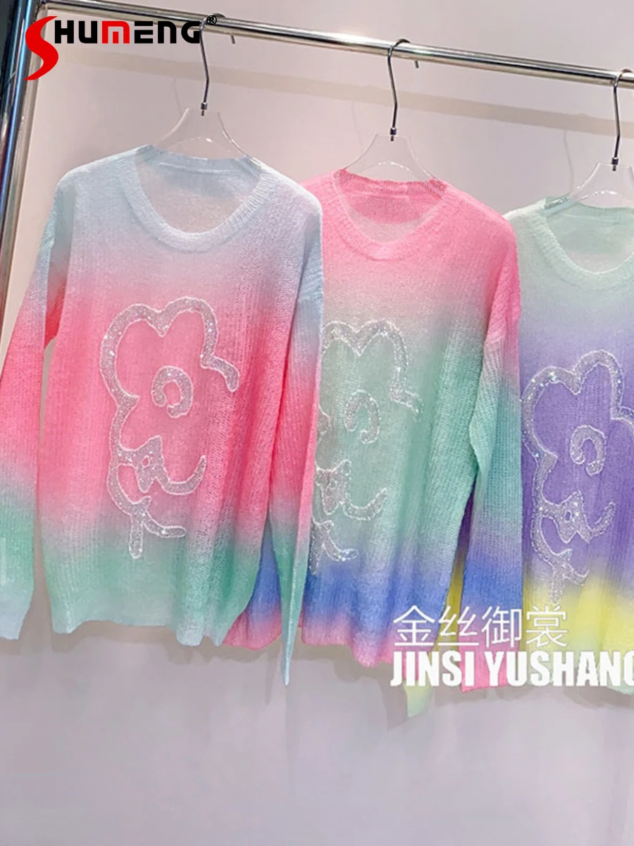 

New Autumn European Fashion Fairy Long Sleeve Diamond Knitted Top Women's Elegant Sweet O-neck Tie-Dyed Mohair Pullover Sweater