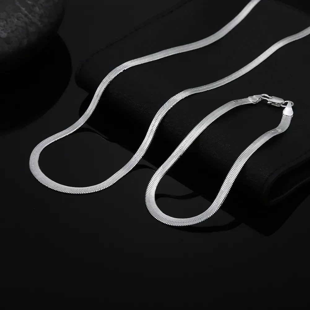

925 sterling Silver 4MM Flat chain bracelets neckalce set for women fashion Party wedding noble jewelry sets gifts