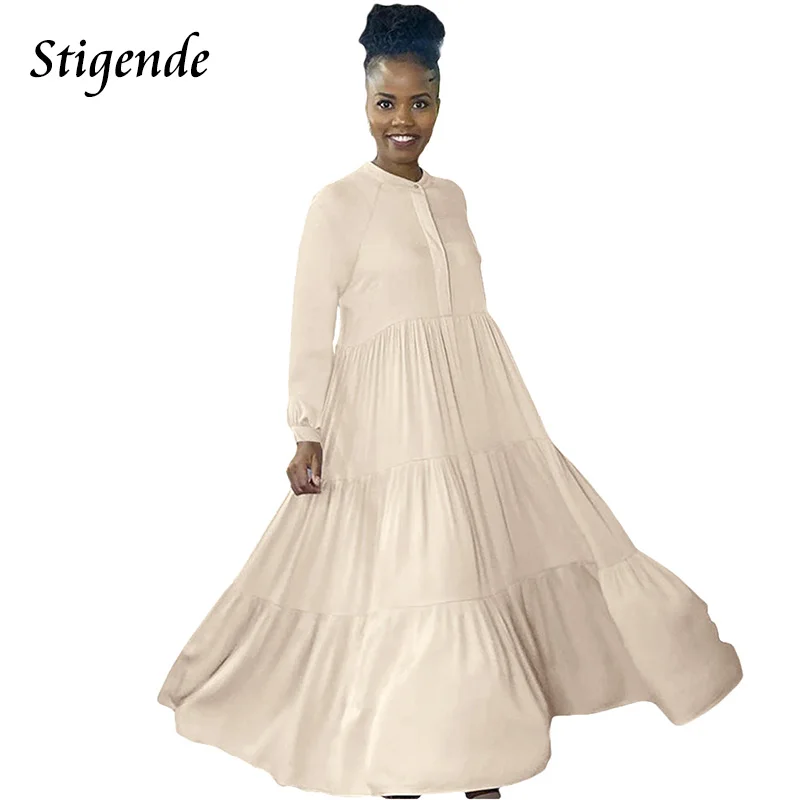 

Stigende Full Sleeve Plain Color Long Loose Dress Women O Neck Patchwork a Line Maxi Dress Casual Spring Autumn Ruffle Dresses