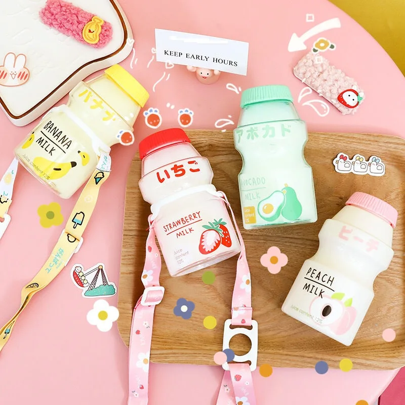 

480ML Ins Women's Plastic Cup Girl Student Water Bottle Yakult Milk Bottle Portable Anti-Fall Cute Creative Straw Cup Free Strap
