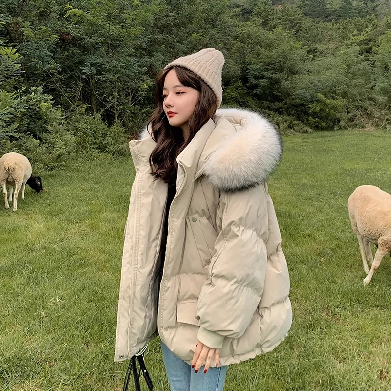 Oversize Cotton Jacket Women's 2022 Winter New Hooded Big Fur Collar Padded Jacket Solid White Black Parkas Coat Loose Outwear