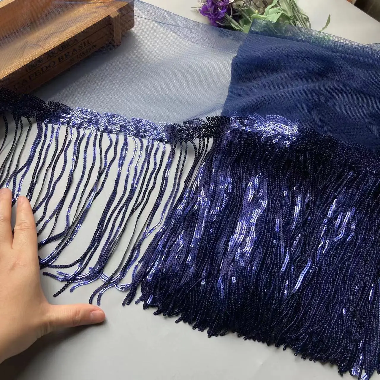 

2 Yard Navy Blue Sequined Skirt Fringe Lace Ribbon Trim Tassel Fringe Lace Trimming Ribbon Diy Performance Dance Dress Sewing