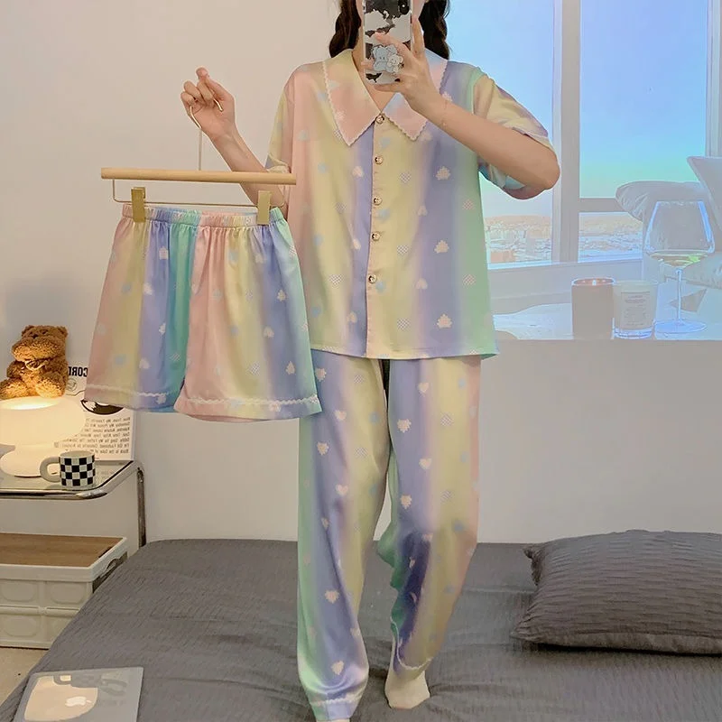 QWEEK Three Pieces Women's Satin Pajamas Summer Sleepwear Japanese Sweets Trouser Suits Print Suits with Shorts Home Wear