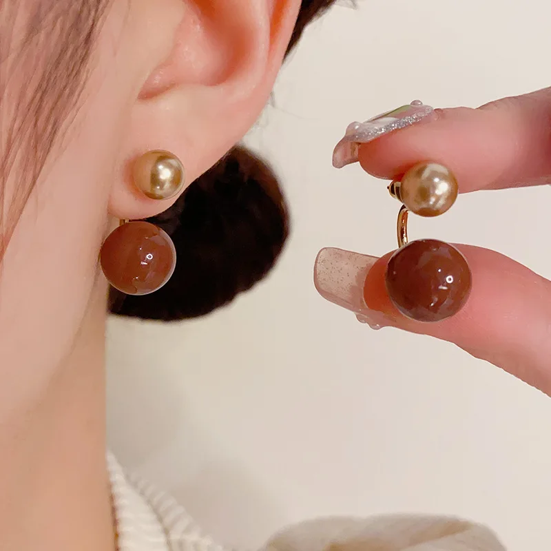 Simple Temperament Fashionable Pearl Oil Dripping Ball Front and Eear Earrings Versatile Commuter Ear Ornaments Women