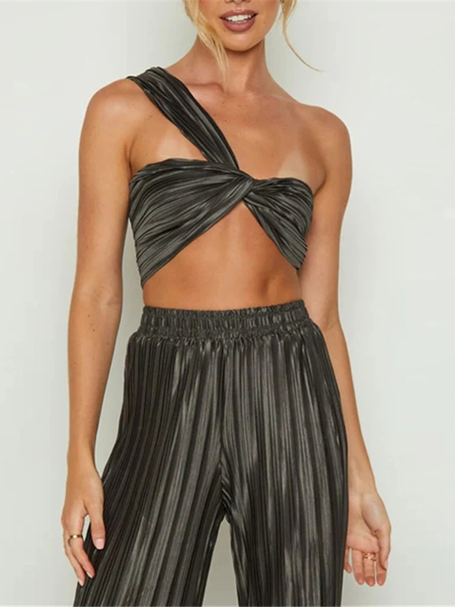 

Женский брючный костюм из двух предметов, комплект из топа без бретелек с открытой спиной и плиссированных широких брюк, летний пикантный костюм Y2K