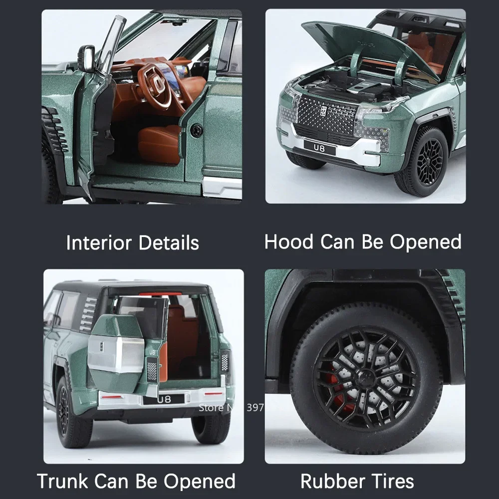 ciśnieniowo ze stopu 1:24 BYD YANGWANG U8 Model Zabawki Samochody światłem Dźwięk 6-drzwiowe otwierane koło SUV Pojazd do ciągnięcia Prezenty