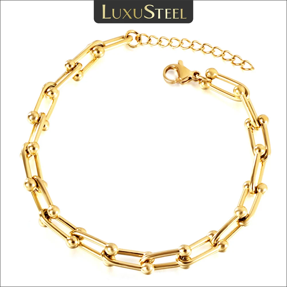 

LUXUSTEEL 5MM Stithcing U-Shaped Bracelet for Women Stainless Steel Horseshoe Link Chain Wristband Minimalist Chic Girls Jewelry