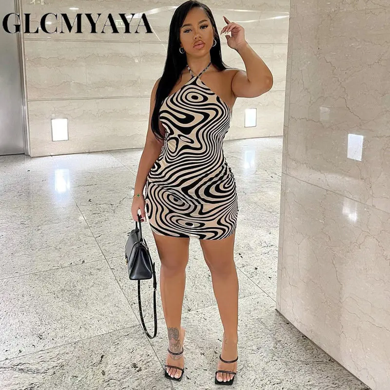 

GLCMYAYA Streetwear Women Sexy Party Zebra Stripes Body 3D Print Backless Bodycon Dress 2023 Summer Fashion Sleeveless Dresses