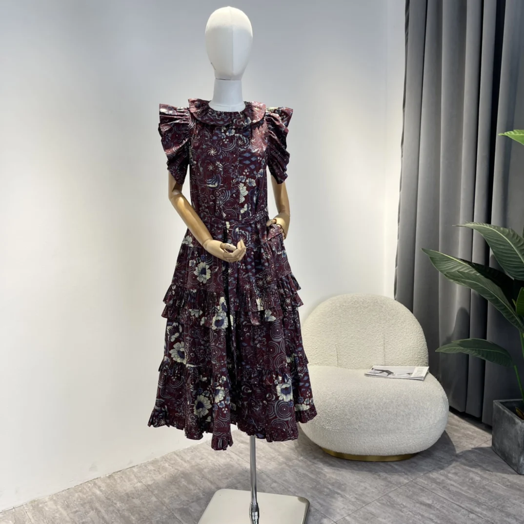 

Latest 2022 Top Quality Summer Autumn Collection Floral Print Frill Ruffles Flying Sleeves Cotton Midi Dresses for Women