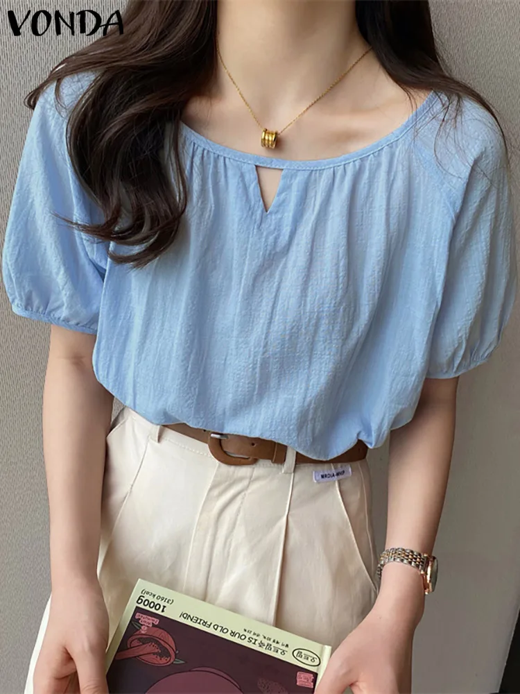 

Casual Blouse VONDA 2022 Women Elegant Short Sleeve Crew Neck Solid Color Tops Female Sexy Pleated Blouse Blusas Femininas