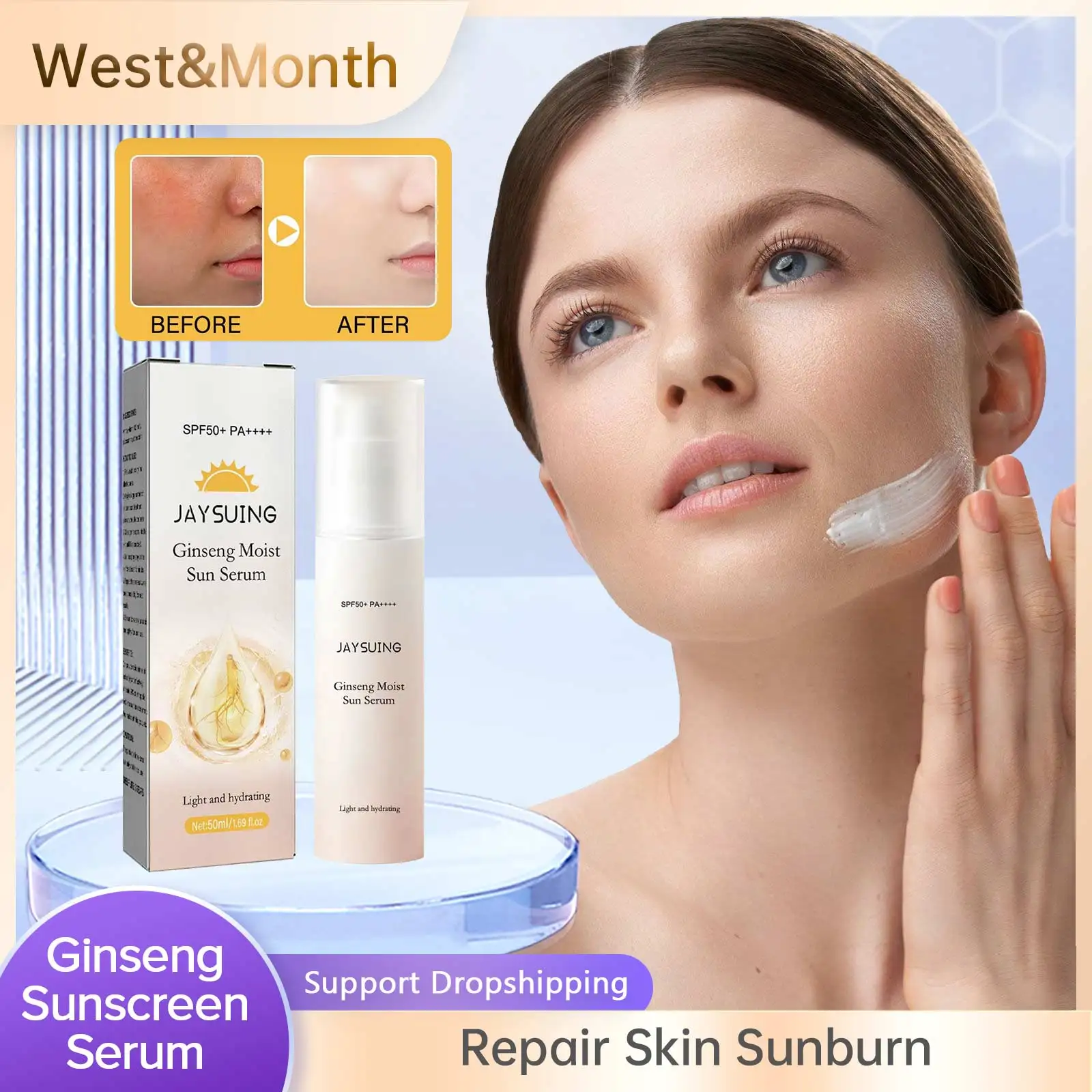

Ginseng Sunscreen Essence SPF50+ Anti Sunburn Long Lasting UV Protector Repair Refreshing Whitening Facial Body Sunburn Serum