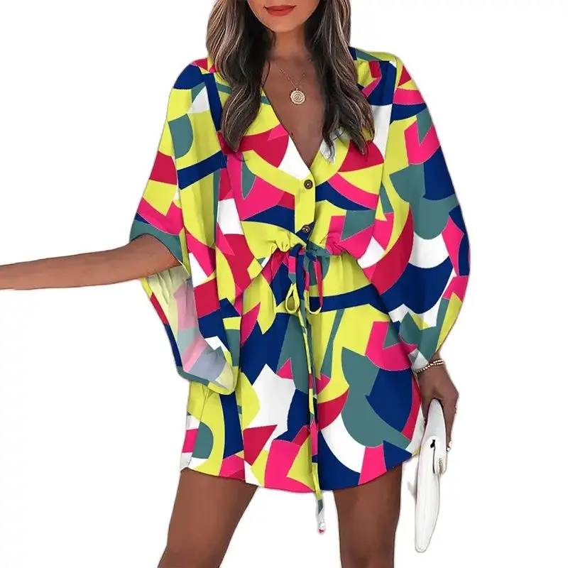 

Fashion Boho Dresses Batwing Sleeve Print Lace Up Mini Dress for Women Sexy V-Neck Casual Loose Short Dress Vestido 2022 Summer