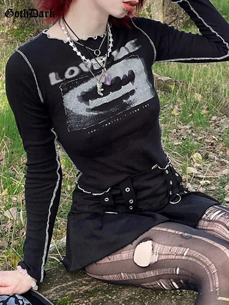 

Goth Dark Graphic Gothic Grunge Black Women Crop Tops Y2k E-girl Style Punk Aesthetic Casual T-shirts Ruffles Hem Alt Streetwear