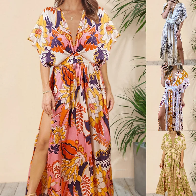 

Women Ins Batwing Sleeve V Neck Bohemian Dress Fashion Sexy Floral Print High Waist Corset Slit Beach Dress Streetwear
