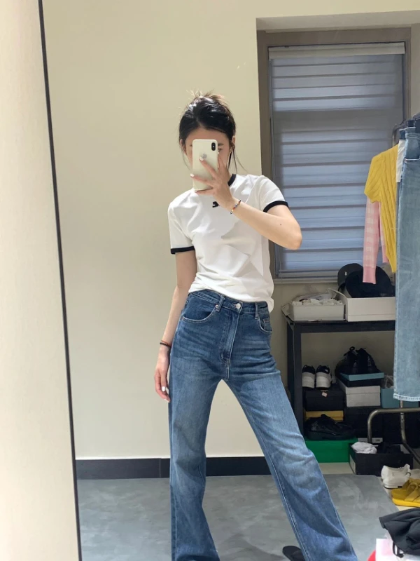 

Fashion Classic Trendy Luxury Designer 127606 127607 Women Summer COURGE Contrast Embroidered Logo Slim Basic T-shirt