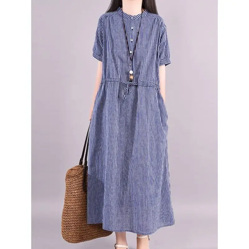 

Cotton Linen Dress Women Vintage Striped Design Loose Dresses Japanese Shirt Long Skirts Summer Trend Short Sleeve Thin Dress