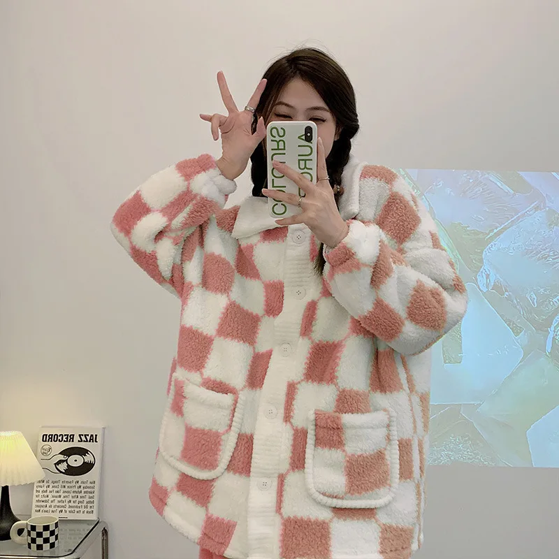 Yasuk Autumn Winter Cute Women's Casual Lovely Sweet Plaid Warm Soft Sleepwear Loose Pajamas With Pants Flannel Pullover Pink