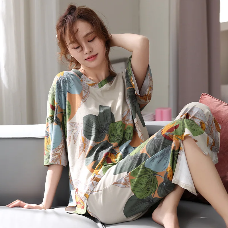 2 Piece Sets Summer Silk Pajamas for Women Short Loungewear Short Sleeves Cropped Pants Fashion Printed Sleepwear Pjs Female