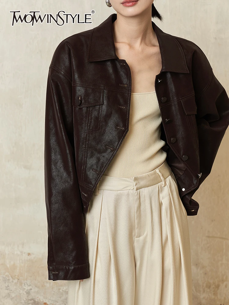 

TWOTWINSTYLE Irregular Leather Jackets For Women Lapel Long Sleeve Patchwork Single Breasted Vintage Jacket Female Fashion Style