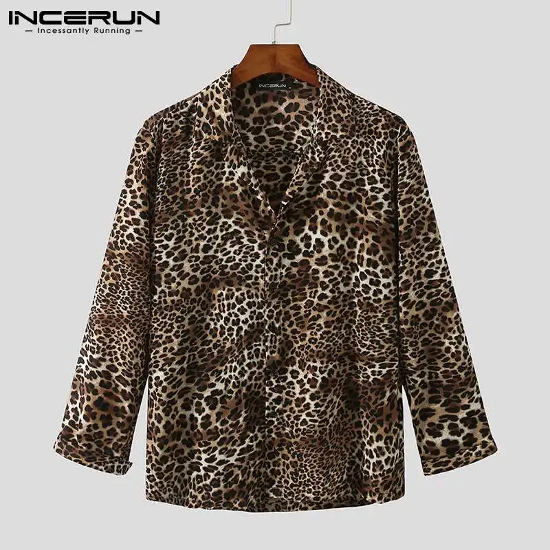 INCERUN Fashion Leopard Printed Shirt Men Long Sleeve Party Nightclub Shirts Tops Men Streetwear Camisa Masculina Plus Size 2022