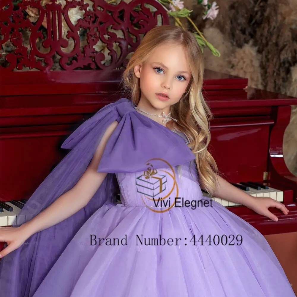 

A Line Soft Tulle Wedding Party Gowns Sleeveless Laic Purple Flower Girl Dresses with Big Bow 2023 Summer New فساتين اطفال للعيد