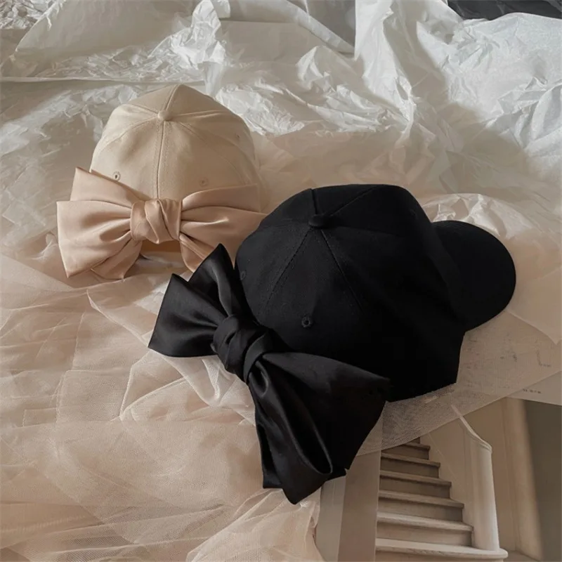 

Ins Dropshipping Fashion Original Satin Black Bowknot Lady Shade Baseball Hat Women Leisure Visors Cap