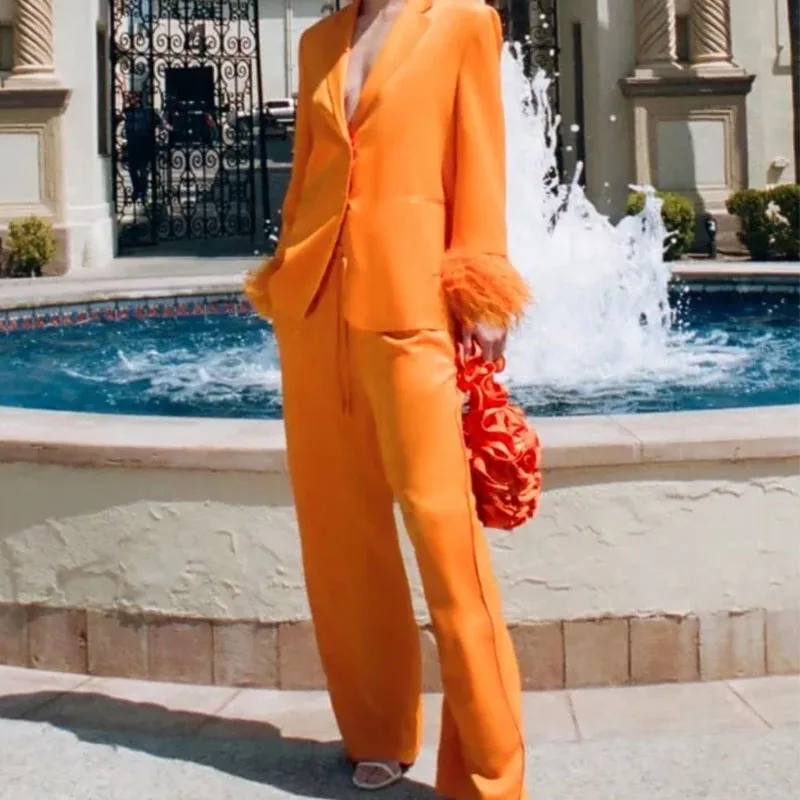 TRAF ZA&ree Satin Blazer Women  Fashion Feather Sleeve Top Female  Elegant Party Female Blazer Chic Pocket Orange Woman Jacket images - 6