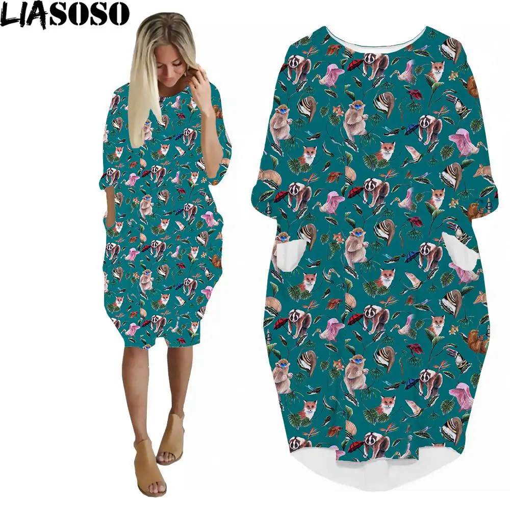 

LIASOSO 3D Print Women's Dress Flamingo Animal Baboon Tiling Floral Design Summer Fashion Trend Short Sleeve O-neck Pocket Skirt