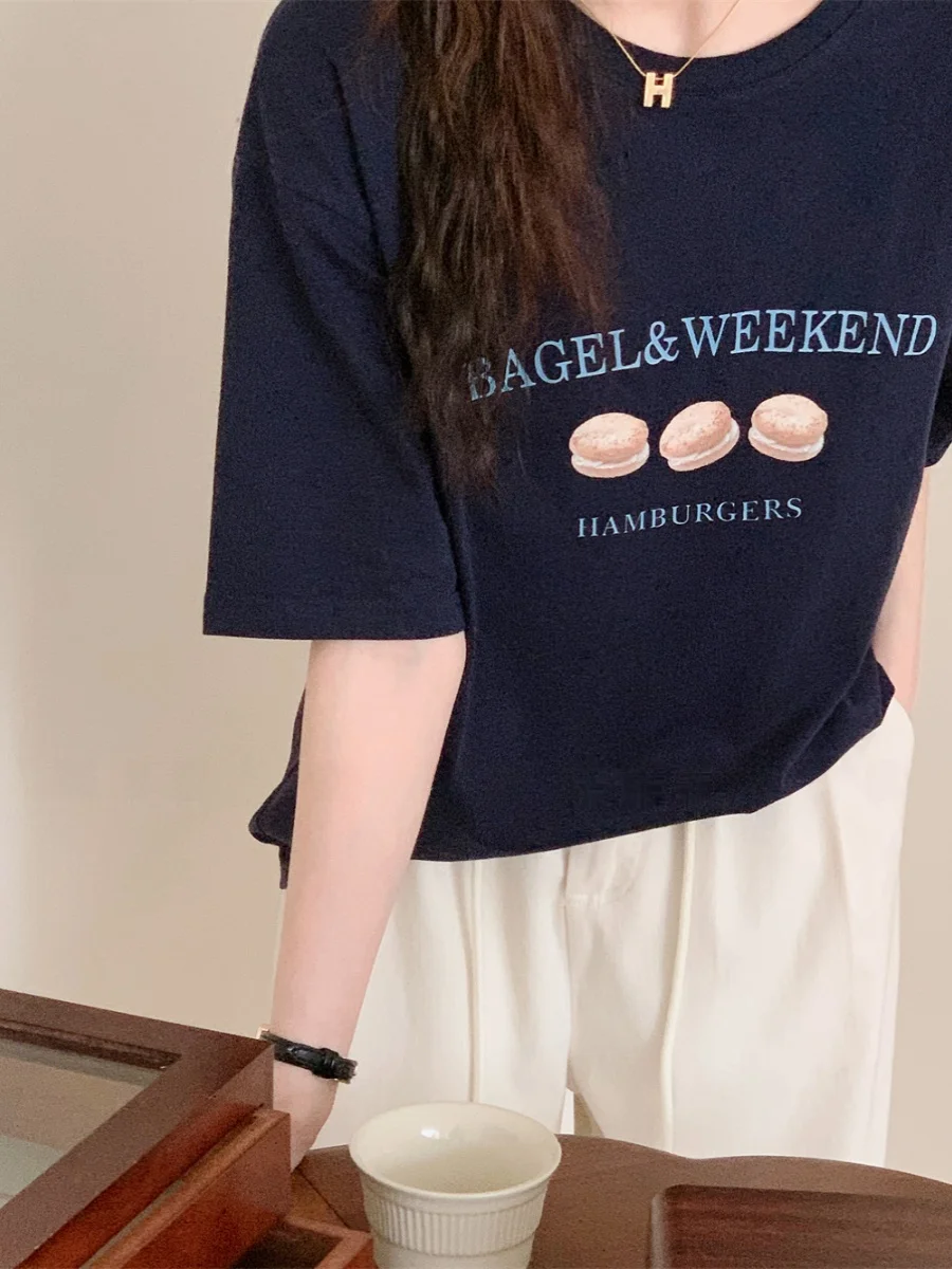 ◆ Bagela Cake ~ Western Sle Pure Cotton Базовая однотонная футболка с круглым вырезом и короткими