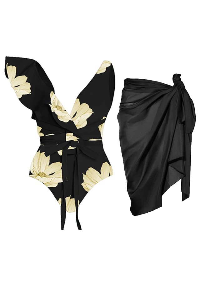 Flower Print Ruffle Lace Up  Beachwear for Girl 2023 Summer Women's Swimwear One-Piece Swimsuit and Cover-up Bathing Suits