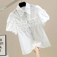 2022 summer new women blouse sweet pleated patchwork puff sleeve single breasted shirt whiteblack loose shirts ladies blouses