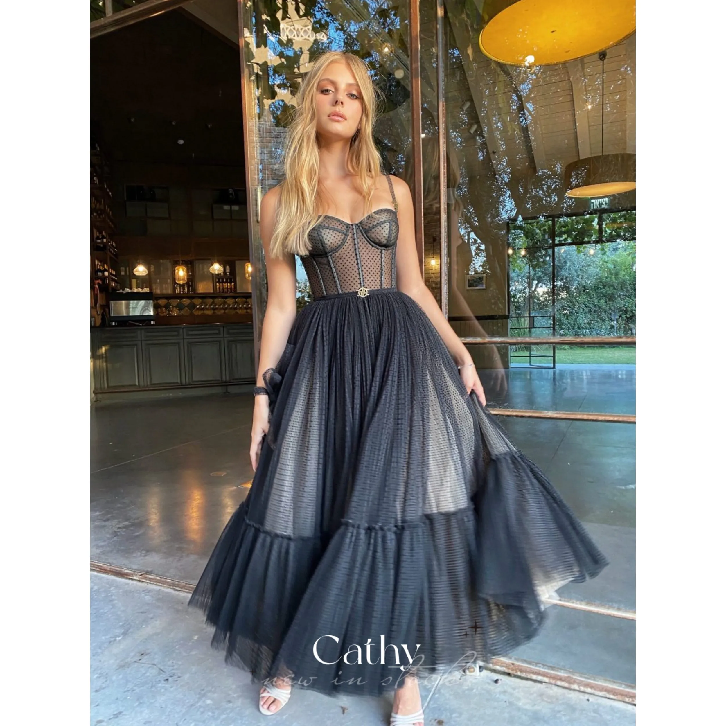 

Женское вечернее платье в горошек Cathy, черное облегающее платье-трапеция до щиколотки, на бретельках, для выпускного вечера,
