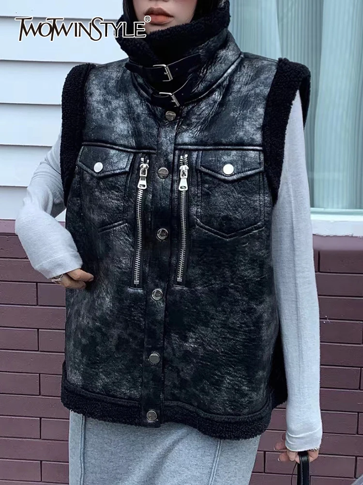 

Женский лоскутный жилет TWOTWINSTYLE, повседневный жилет с карманами, воротником-стойкой, без рукавов, на молнии