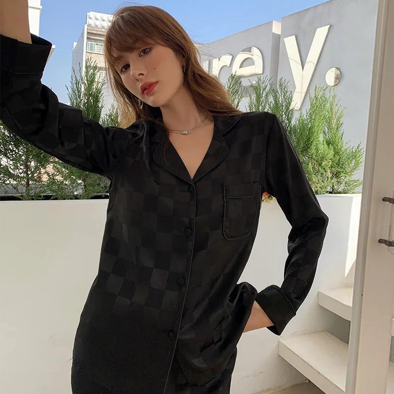High-end Celebrity Silk Pajamas Women's Sleepwear Silk Pyjamas Set Button Down Plaid Satin Pajama Set Ladies Lounge Homewear