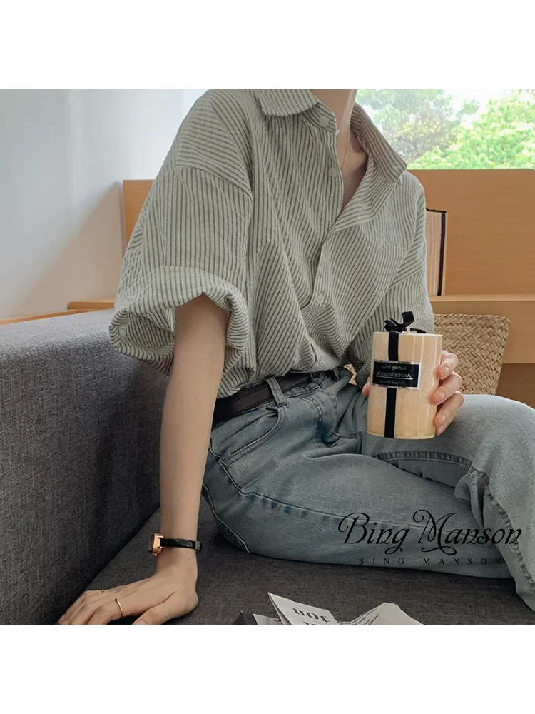 

2023 Summer Women's New Casual Vertical Stripe Short Sleeve Shirt French Chiffon Shirt Versatile Casual Women's Top Camisas