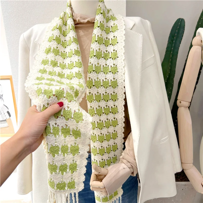 

Winter Bohemian Vintage Ethnic Style Hollow Out Colorful Scarf Tassel Handmade Hook Flower Hollowed Out Plaid Knitted Scarf