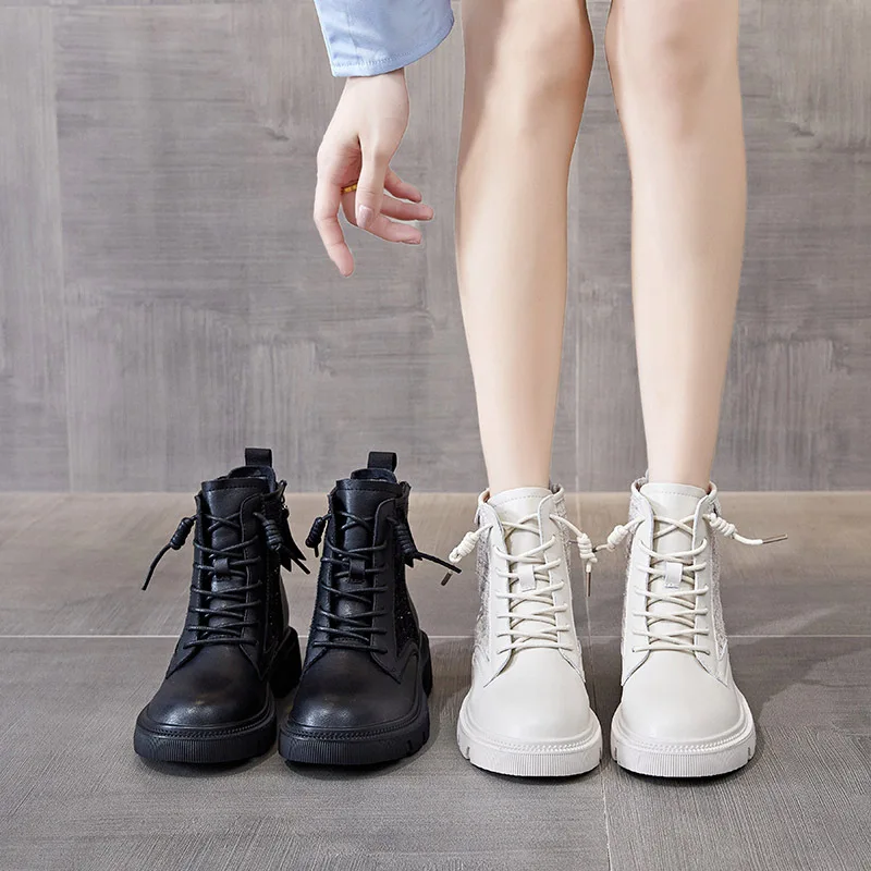 Women Leather Boots Rear Zipper Thick Sole Motorcycle Non-slip Middle Heel Shoes Fashion Low Top New Arrivals