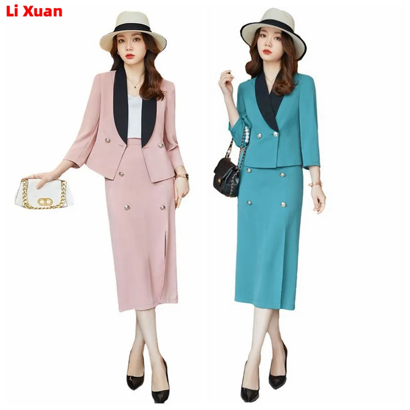 Spring Summer Profession Set Women Blazer Top And High Waist  Pencil Long Skirts Korean Female Chic Office Lady 2 Set Skirt Suit