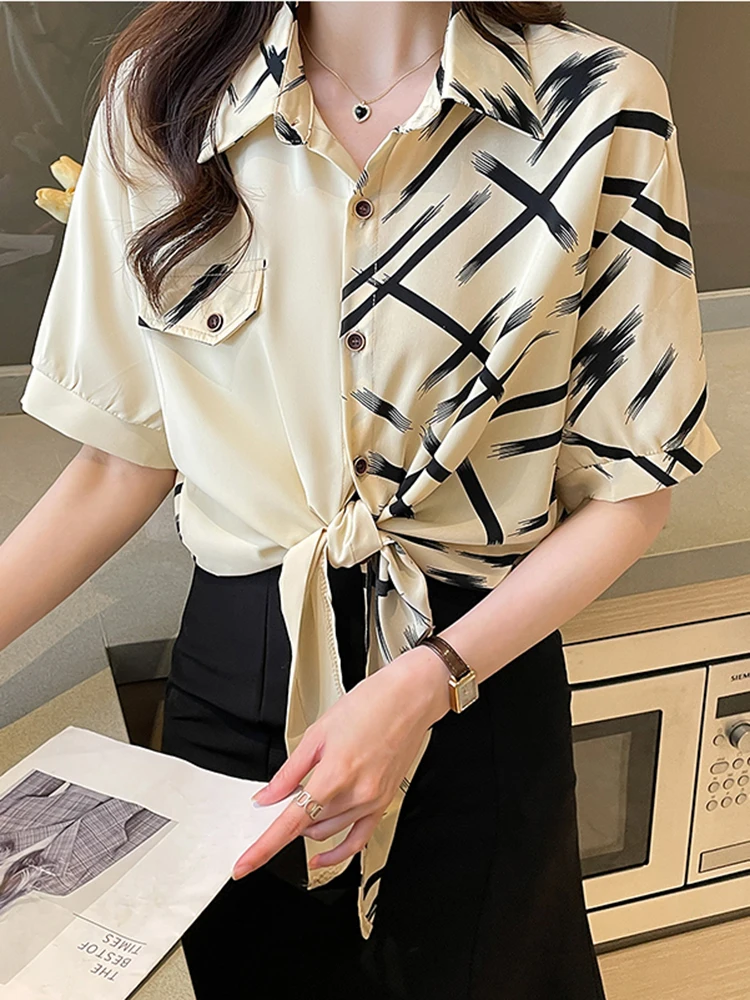 

Vintage Clothes Striped Shirt Turn Down Collar Blouse Women 2022 Summer Bandage Chiffon Short Sleeve Blouses Shirts For Women