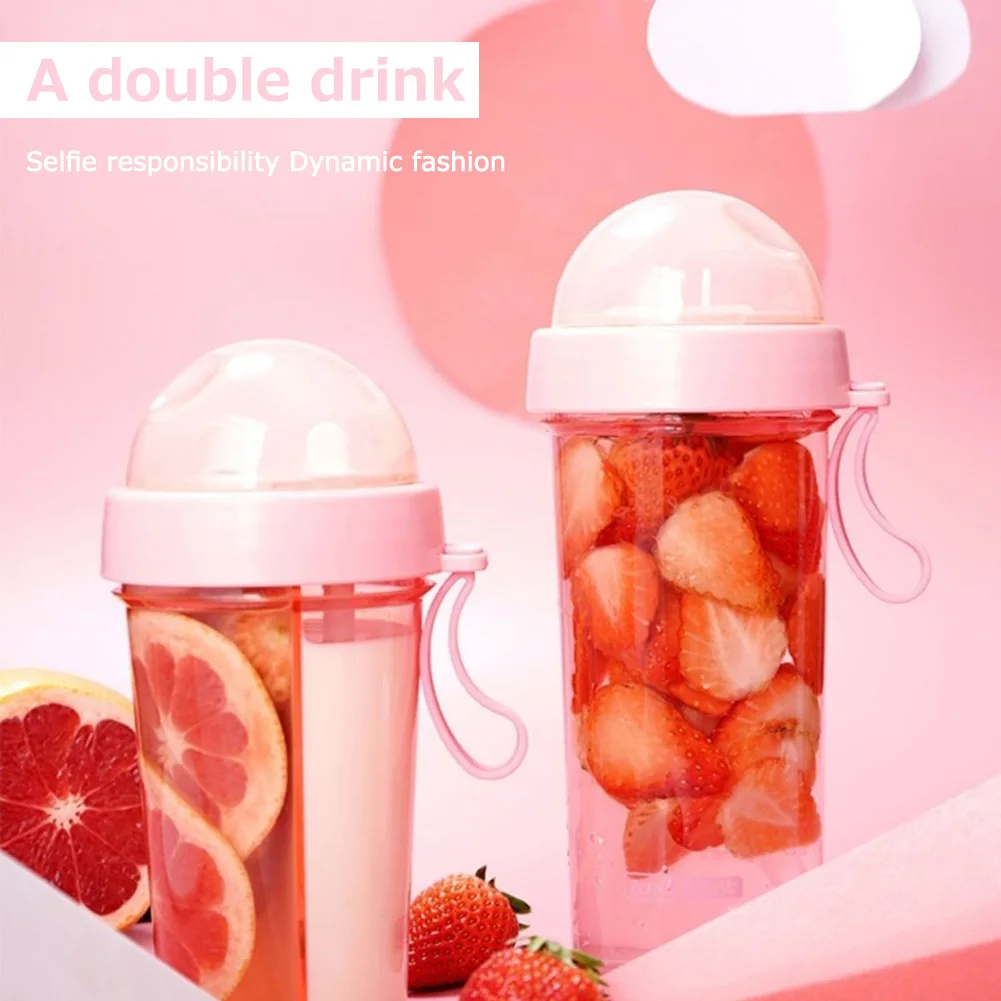 

New Water Bottle Dual Straw Separate Drink Water 420/600ml Portable Plastic Beverage Bottle Kettle Sports For Kids Couples Gift