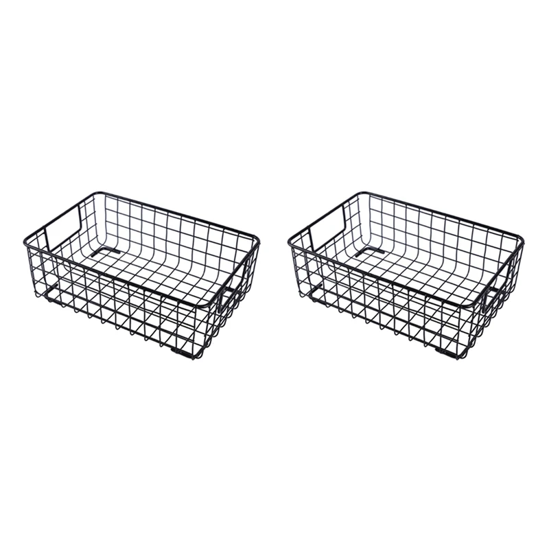 

HOT SALE 2X Creative Metal Wire Storage Basket With Handle Wrought Iron Sundries Container Kitchen Black