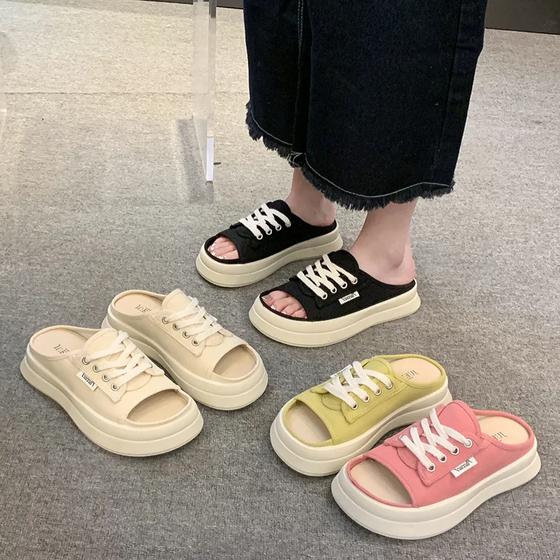 

Толстые тапочки для женщин, летняя Новинка 2023, Повседневные Удобные холщовые однотонные Тапочки