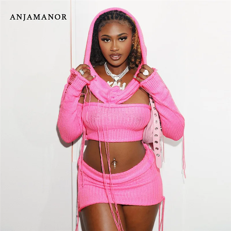

ANJAMANOR Pink Knit Hooded Two Piece Skirt Set for Women Y2k Streetwear Night Club Outfit Festival Woman Sweater Dress D96-FE37