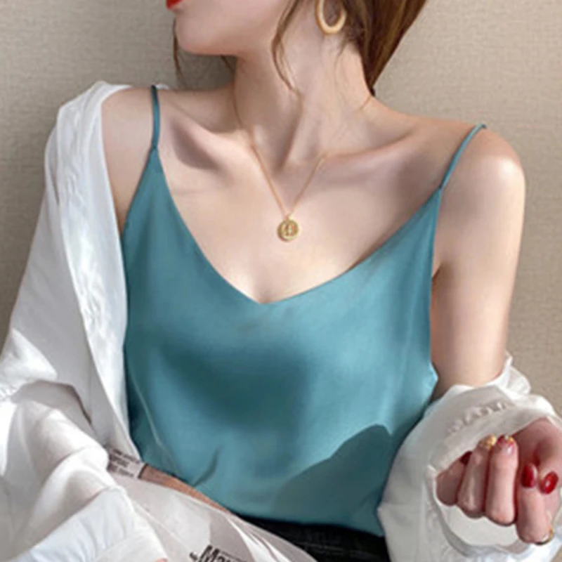 

Майка женская с V-образным вырезом, базовый топ на бретелях-спагетти, модная пикантная майка, розовый цвет, на лето