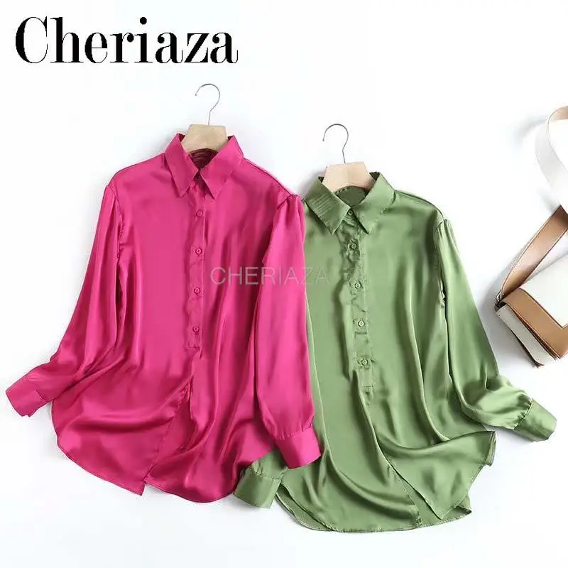 

CHeriaza European and American style spring and summer new glossy imitation silk casual fashion shirt