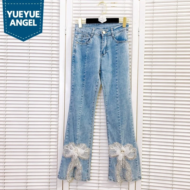 Blue Split Jeans Womens New High Waist Stretch Beading Bow Flare Casual Vintage Korean Style Female Ankle-Length Pants