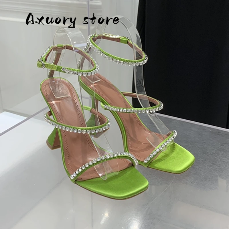 New Open Toe High Heels Women Women's Sandals with One Strap New Fairy Fashion All-Match Square Toe Rhinestone