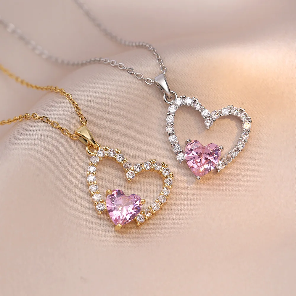 Женская подвеска из нержавеющей стали с розовым Цирконом