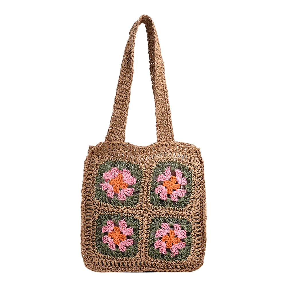 

Women Knitting Tote Ethnic Straw Shoulder Bag Handmade Woven Crochet Pouch Flower Bohemian Shopper Bags Beach Clutch